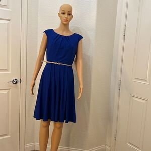 London Style Collection Sz 10P Cobalt Royal Blue Lace Gold Belt Scoop Neck Dress